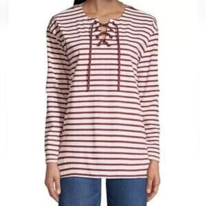 Lands‎ End Womens Lace Up Striped Sweater Size Medium Red Pink Cotton Nautical